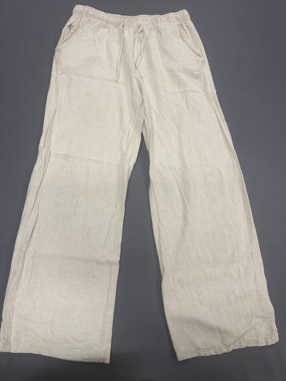 Women's Linen Wide Leg Pants Beige Relaxed Fit Elastic Waist Pockets Size Small